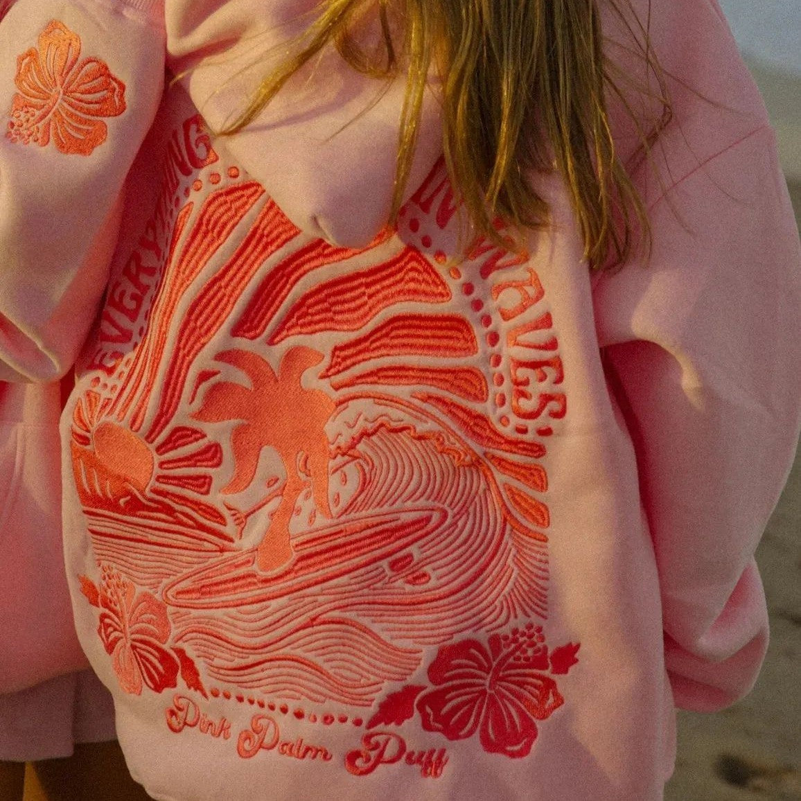 Embroidered Pink Palm Puff Everything Comes In Waves Hoodie