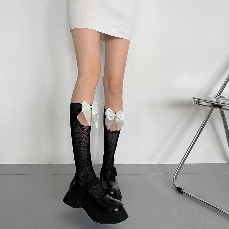 Hollow out bowknot knee high socks