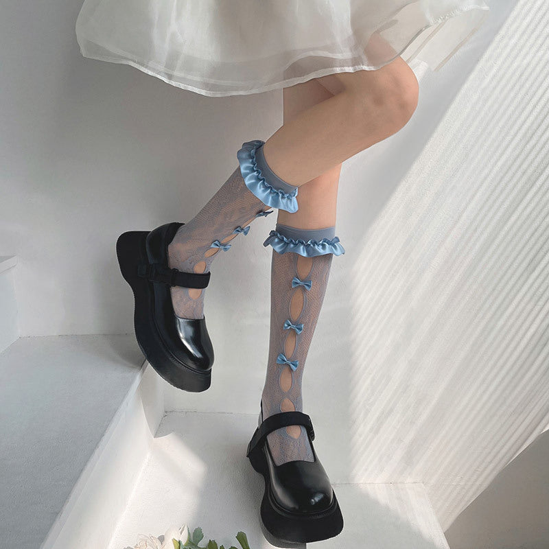 Lace hollow out bowknot satin long socks