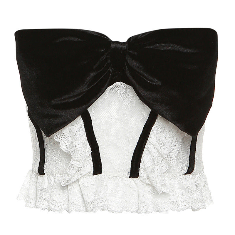 Velvet bowknot contrast lace ruffle backless tube crop top