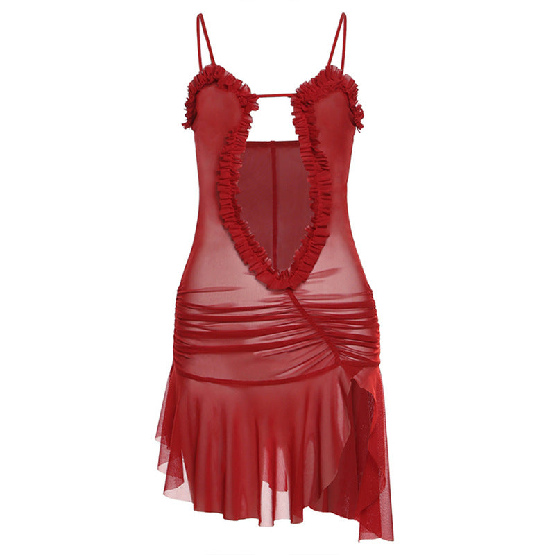 Ruched ruffle slit sheer mesh hollow out cami mini dress