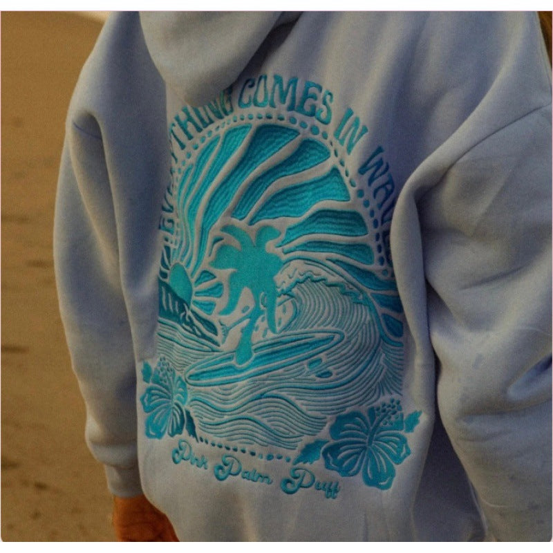 Embroidered Pink Palm Puff Everything Comes In Waves Hoodie