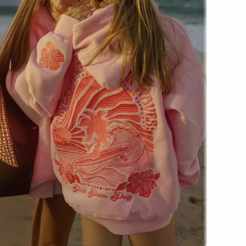 Embroidered Pink Palm Puff Everything Comes In Waves Hoodie