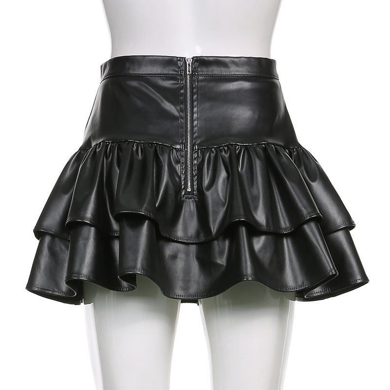 Lace up PU leather ruffle zip-up A line mini skirt