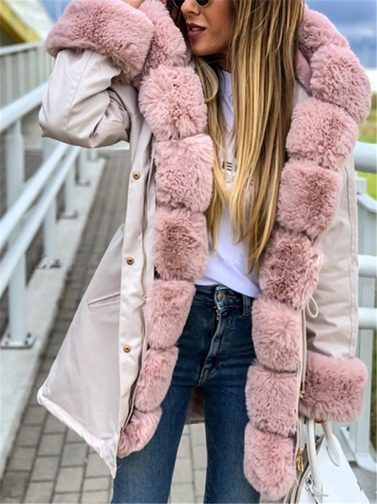 Women Casual Trendy Faux Fur Collar Hooded Parka Coat With Pockets