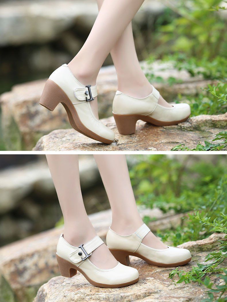 Women's Casual Shoes Brown Leather Pumps Round Toe Shallow