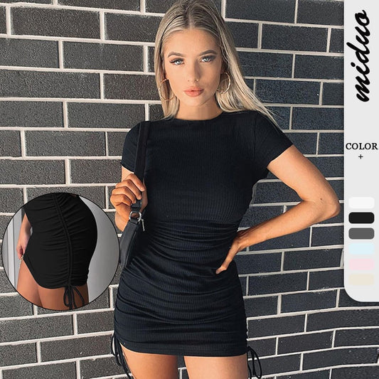 Women's Sexy Club Ruched Short Sleeve Drawstring Mini Bodycon Dress🔥 Buy 2 For Free shipping🔥