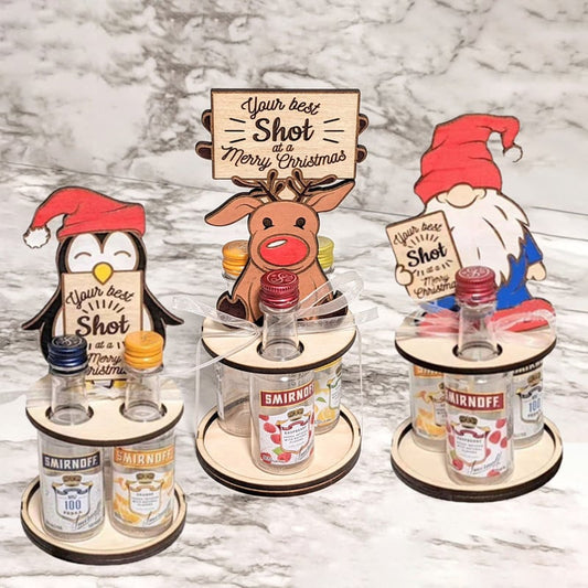 Christmas Mini Liquor Bottle Stand Shooter Stand Laser Cut | Penguin Gnome Reindeer Funny Stand | Holiday Decor