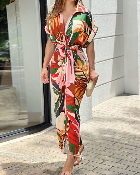 Lapel Tie Leaf Print Dress