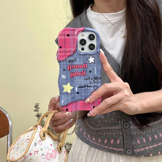 Irregular series, denim stitched pink pattern mobile phone case