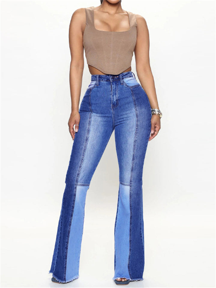 Trendy Sexy High-rise Contrast Color Women's Denim Flare Pants