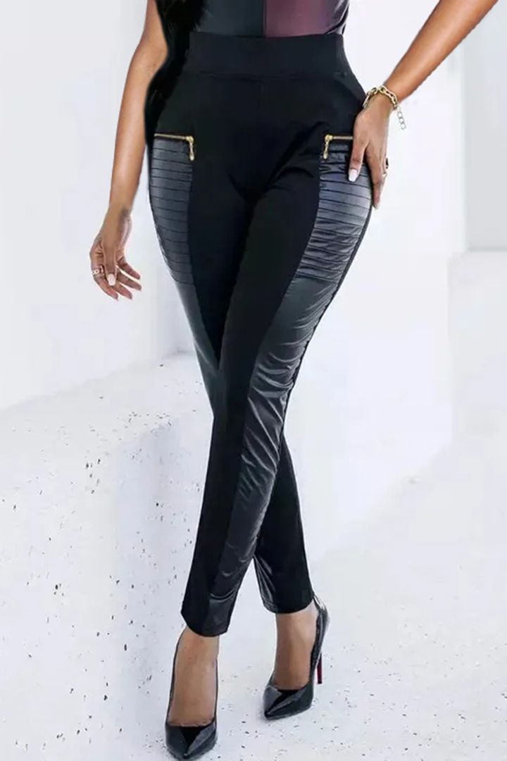 [🔥Buy 2 Free Shipping🔥]Women PU Leather Contrast Zipper Design High Waist Skinny Pants