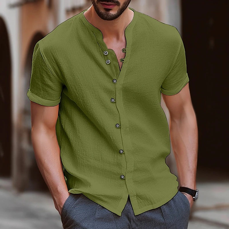 Men's Vintage Button Cotton Linen Short Sleeve Shirt