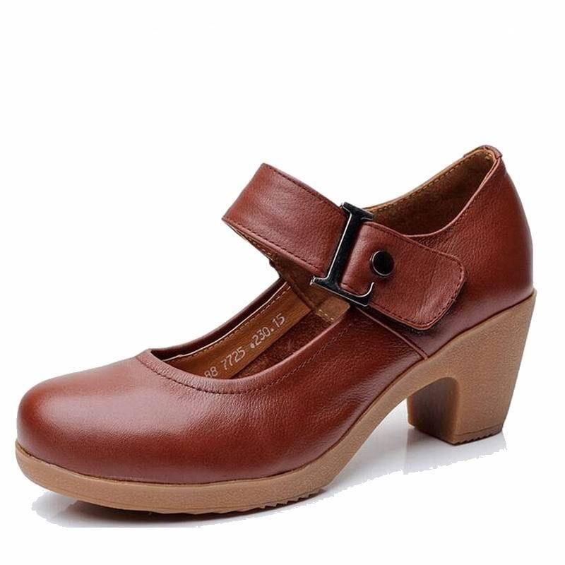 Women's Casual Shoes Brown Leather Pumps Round Toe Shallow