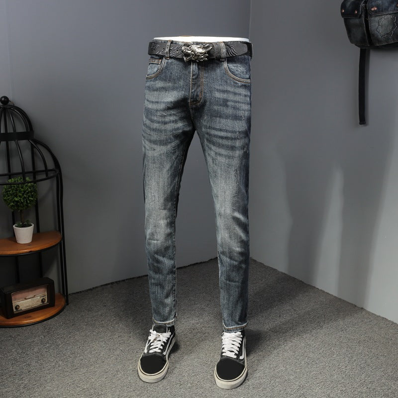 Men's straight simple distressed jeans for all seasons