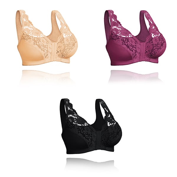 Front hooks, stretch-lace, super-lift, and posture correction – ALL IN ONE BRA!