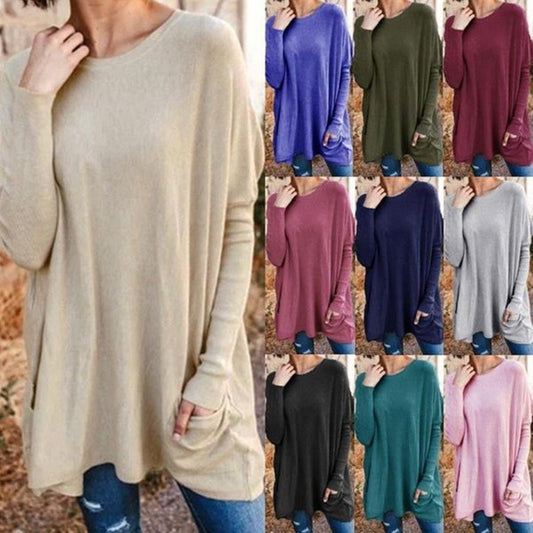 Round Neck Long Sleeve Pocket Solid T-Shirt