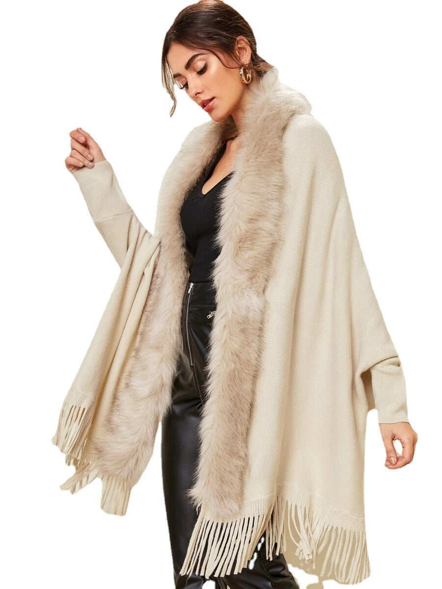 Autumn and Winter Women's Long-sleeved Round Neck New Fur Collar Shawl Cardigan Sweater Coat