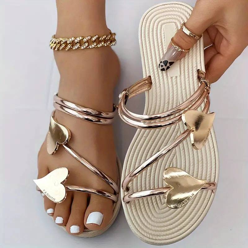 New women's sandals fashion open toe non-slip gold sandals for wearing outside heart shaped flat sandals