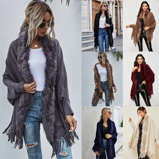 Autumn and Winter Women's Long-sleeved Round Neck New Fur Collar Shawl Cardigan Sweater Coat