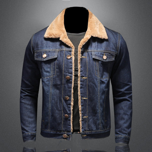 Plush and thickened warm denim jacket Men's plus size simple denim jacket