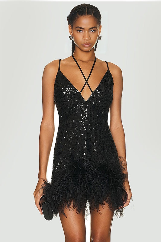 V-neck suspender sequin patchwork feather hip evening gown