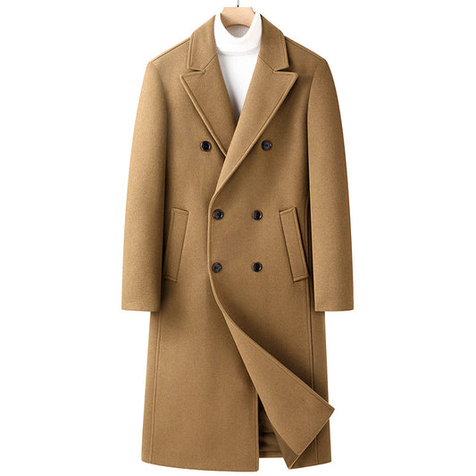 Men's woolen coat, knee-length, double-breasted, slanted pockets, business casual wool coat