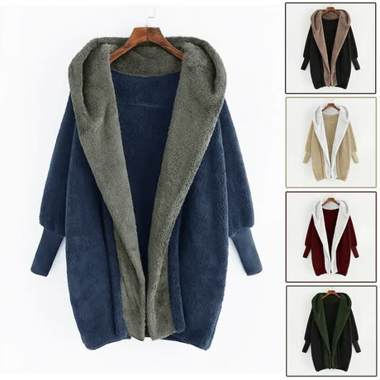 Women's Winter Warm Spliced Open Front Long Sleeve Plush Cardigan