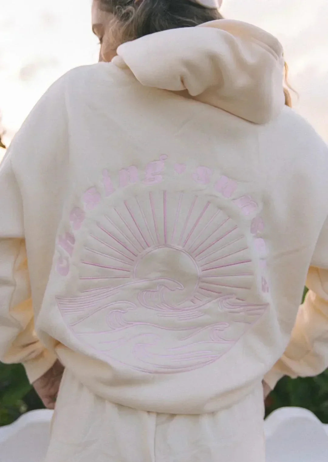 Embroidered Pink Palm Puff Everything Comes In Waves Hoodie