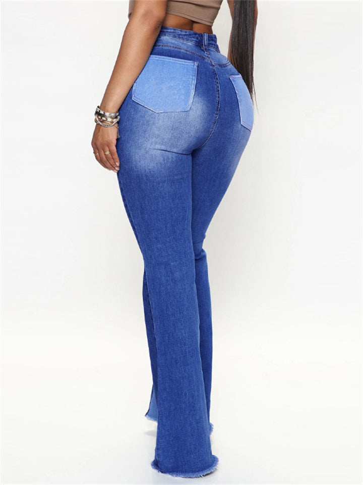 Trendy Sexy High-rise Contrast Color Women's Denim Flare Pants