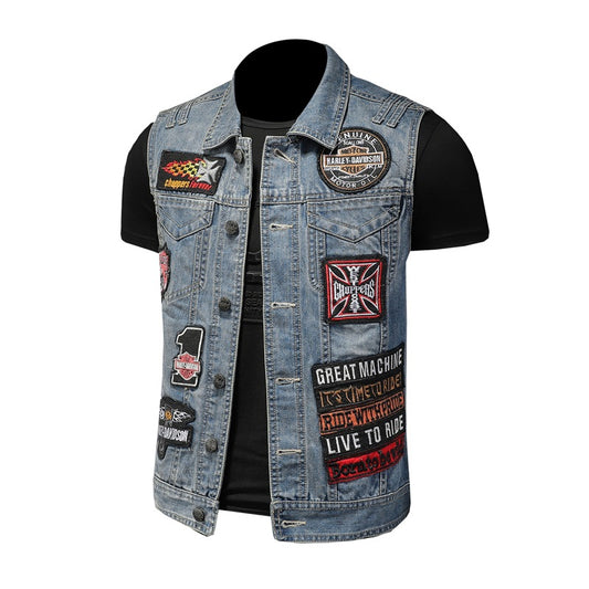 Harley motorcycle emblem denim vest for men riding large size European and American style sleeveless waistcoat