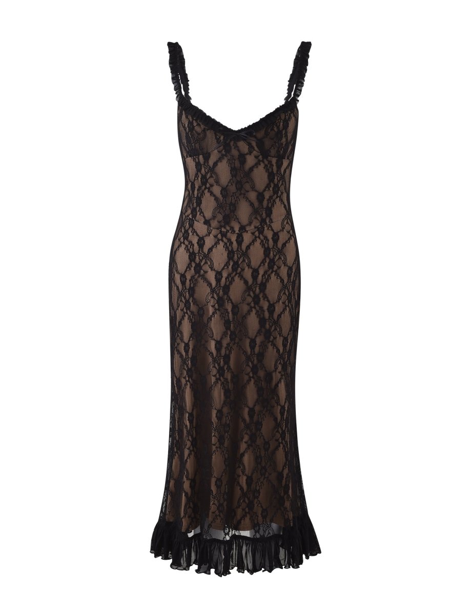 Elegant lace mesh patchwork suspender dress