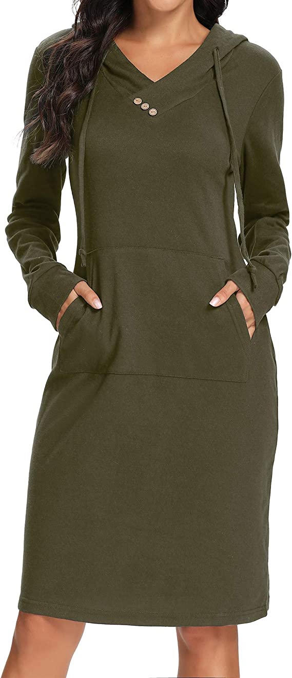 Womens Hoodie Dresses Buttons Kangaroo Pocket Casual Sweatshirt for Fall