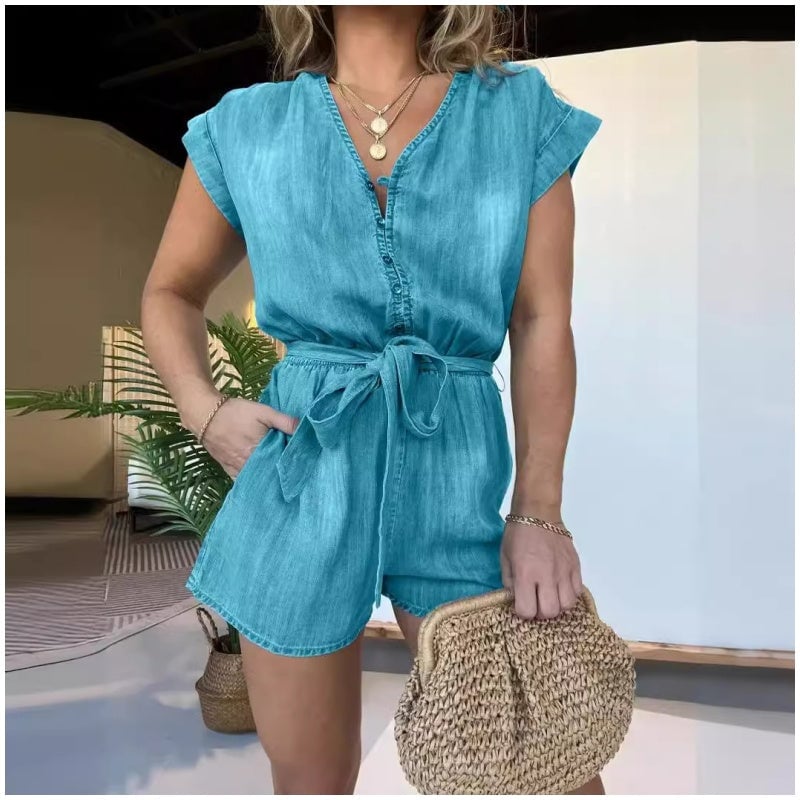 💗Women's V-Neck Waist Short Sleeve Jumpsuit✨