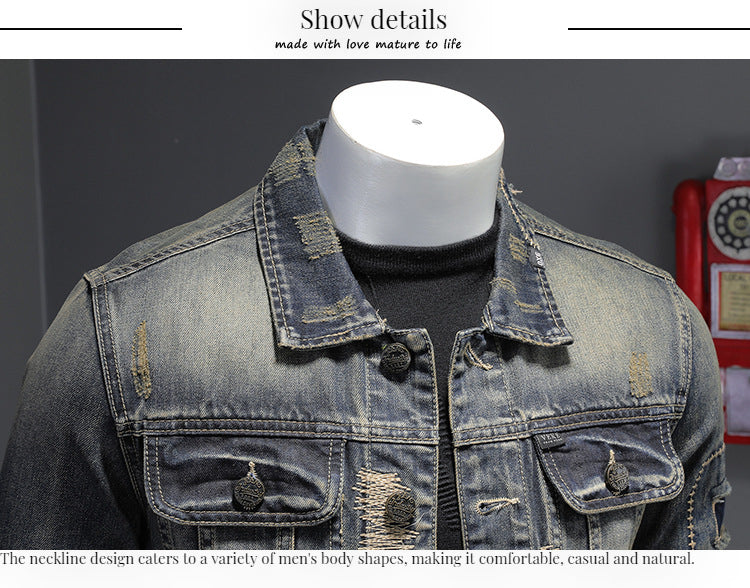 Heavy Industry Hole Patch Men's Denim Jacket Top Vintage Coat