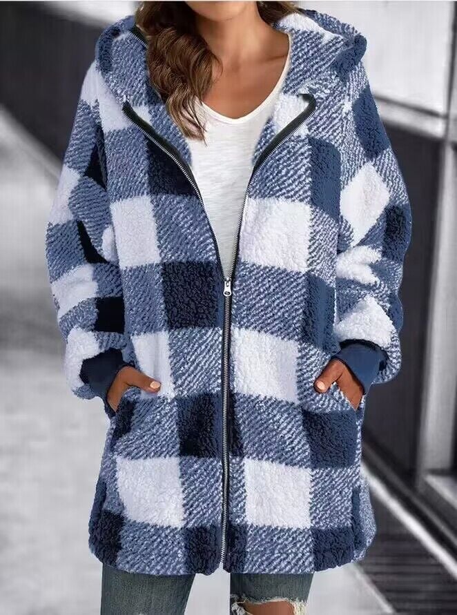 Women Oversized Hoodie Plaid Loose Overcoat