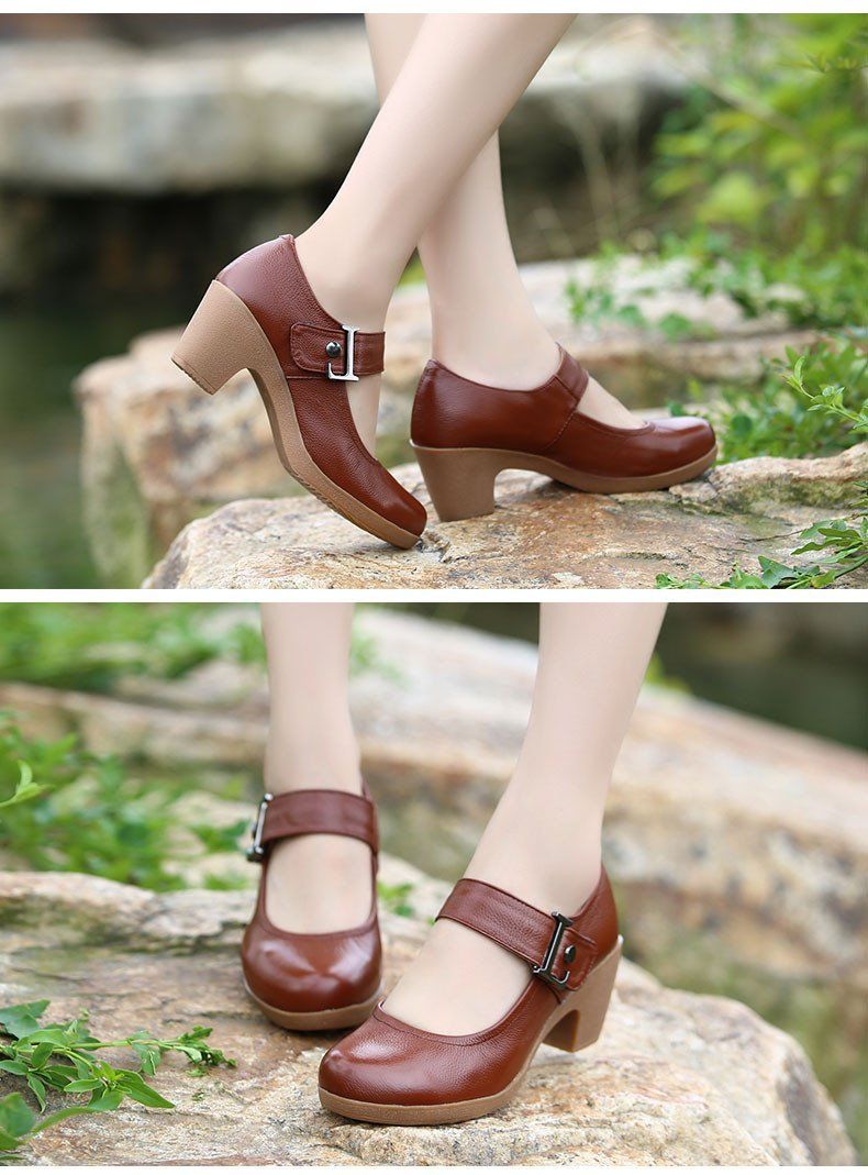 Women's Casual Shoes Brown Leather Pumps Round Toe Shallow