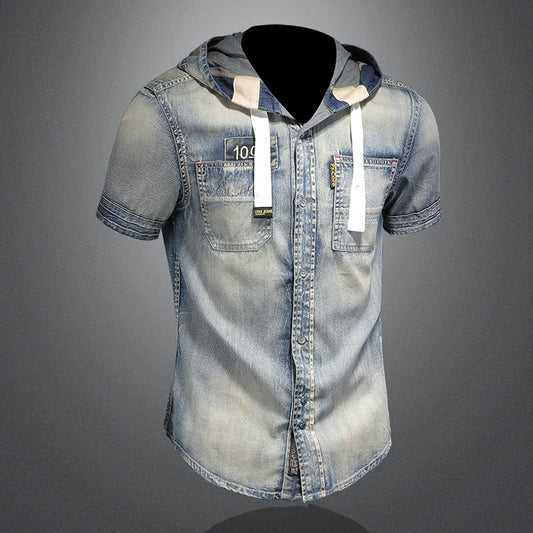 Summer trend men's short-sleeved hooded denim casual shirt retro slim handsome casual