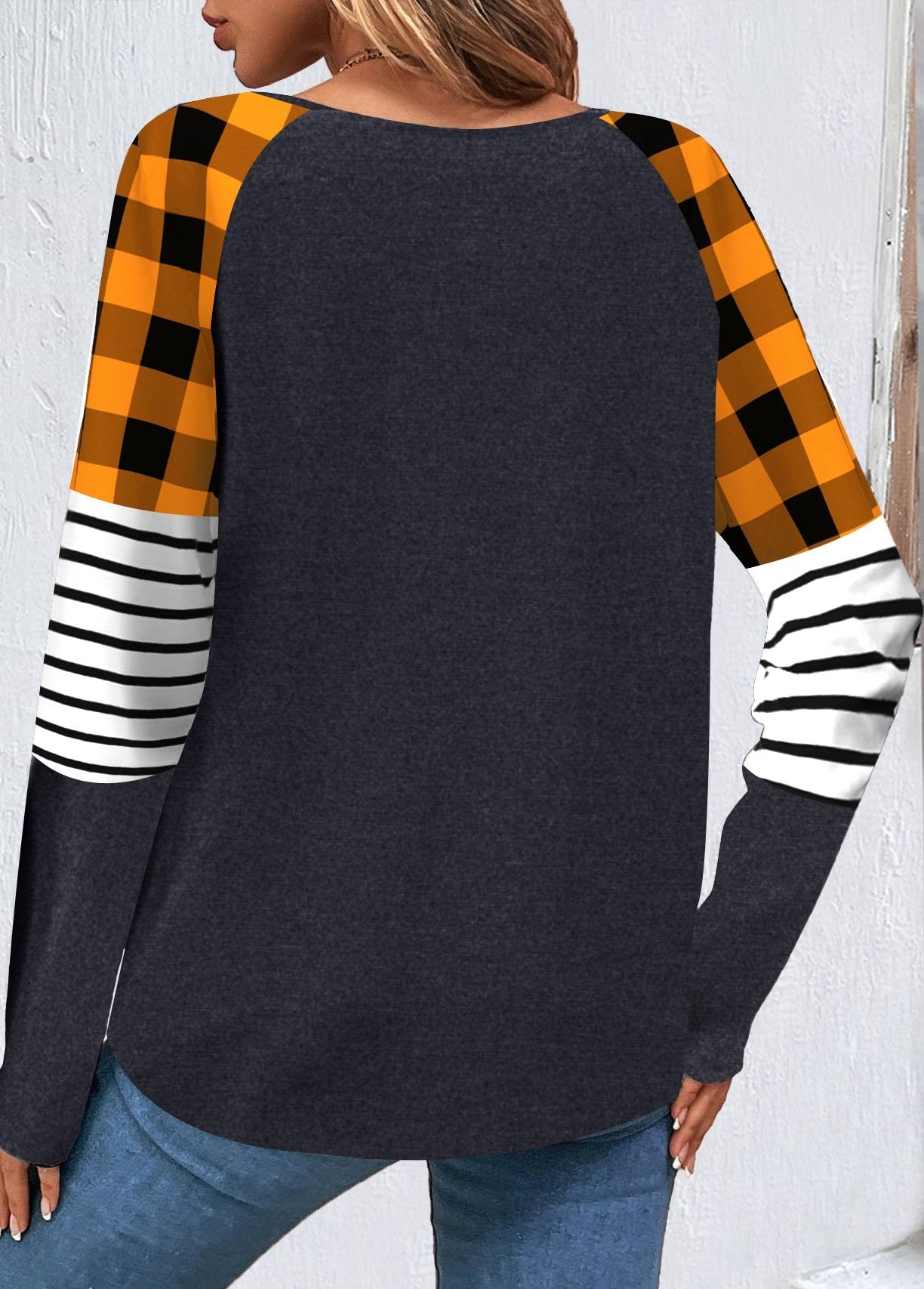 🍊👚Orange Patchwork Halloween Print Long Sleeve Sweatshirt