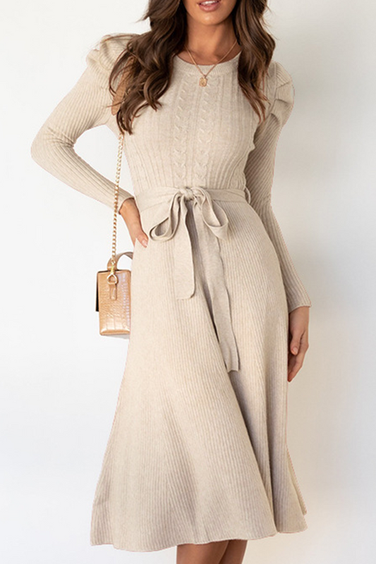 Elegant Solid With Belt O Neck Sweater Dresses