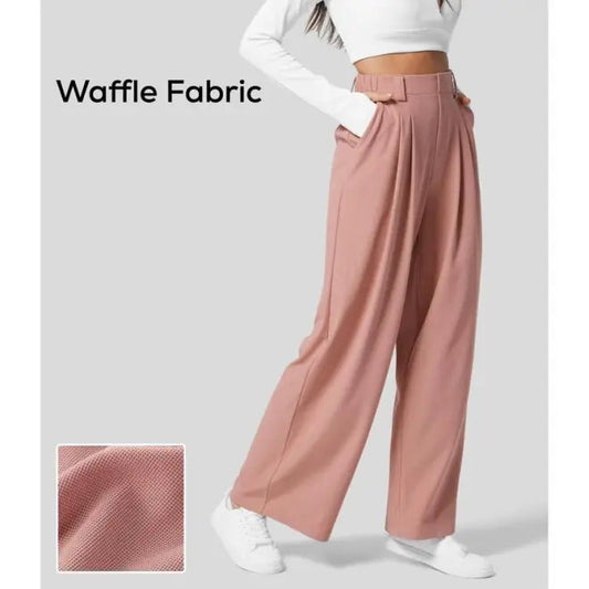 High Waisted Plicated Side Pocket Wide Leg Waffle Casual Pants