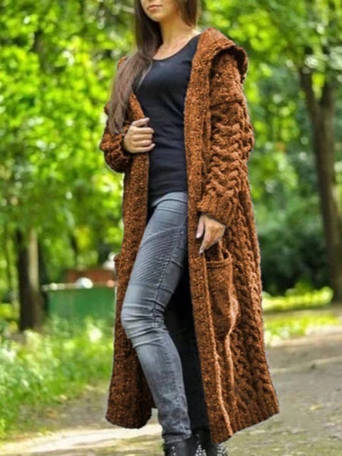 Long Sleeve Braid Knit Hooded Long Loose Cardigan