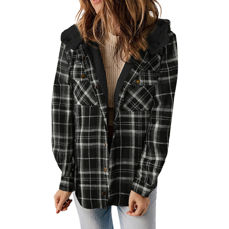 Women's Plaid Long Sleeve Fleece Hooded Jacket With Pockets