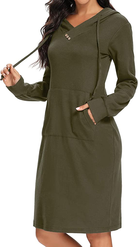 Womens Hoodie Dresses Buttons Kangaroo Pocket Casual Sweatshirt for Fall