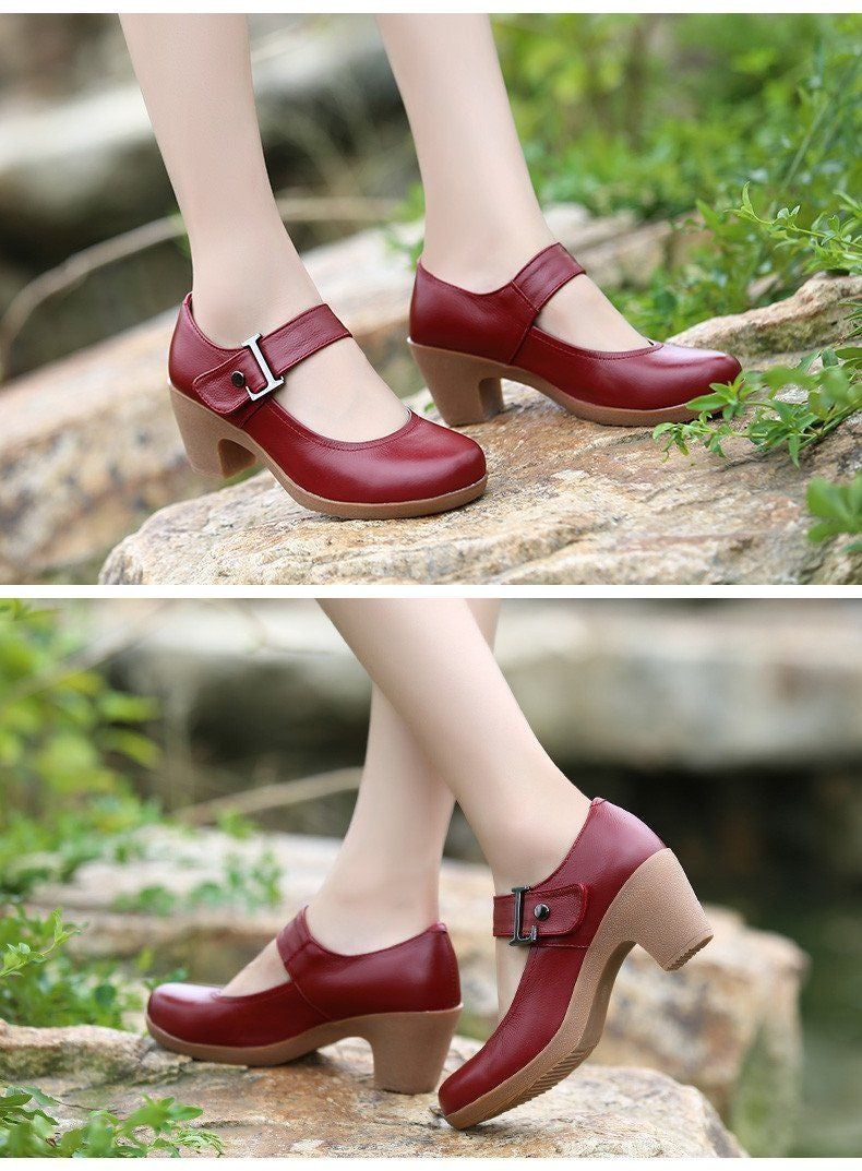 Women's Casual Shoes Brown Leather Pumps Round Toe Shallow