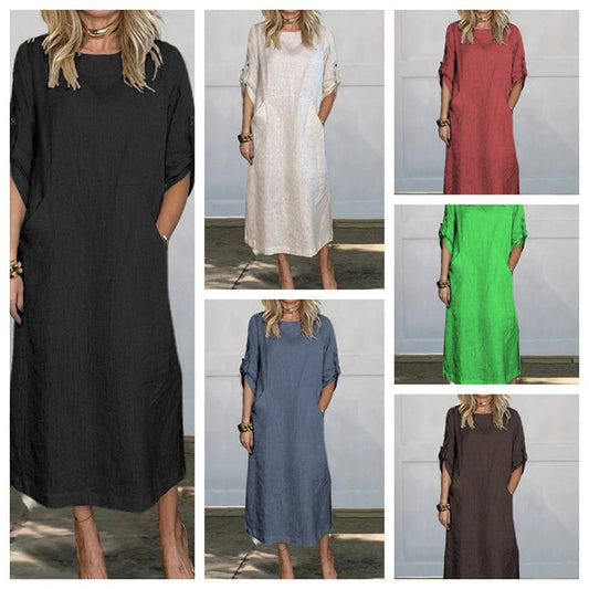 👗Women's solid color cotton and linen loose loose dresses🌟