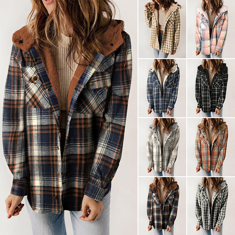 Women's Plaid Long Sleeve Fleece Hooded Jacket With Pockets