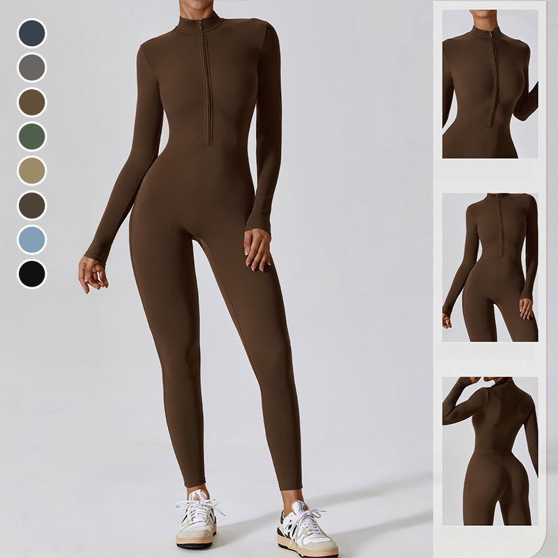 Women's Solid Zip Up Long Sleeve Sports Jumpsuit