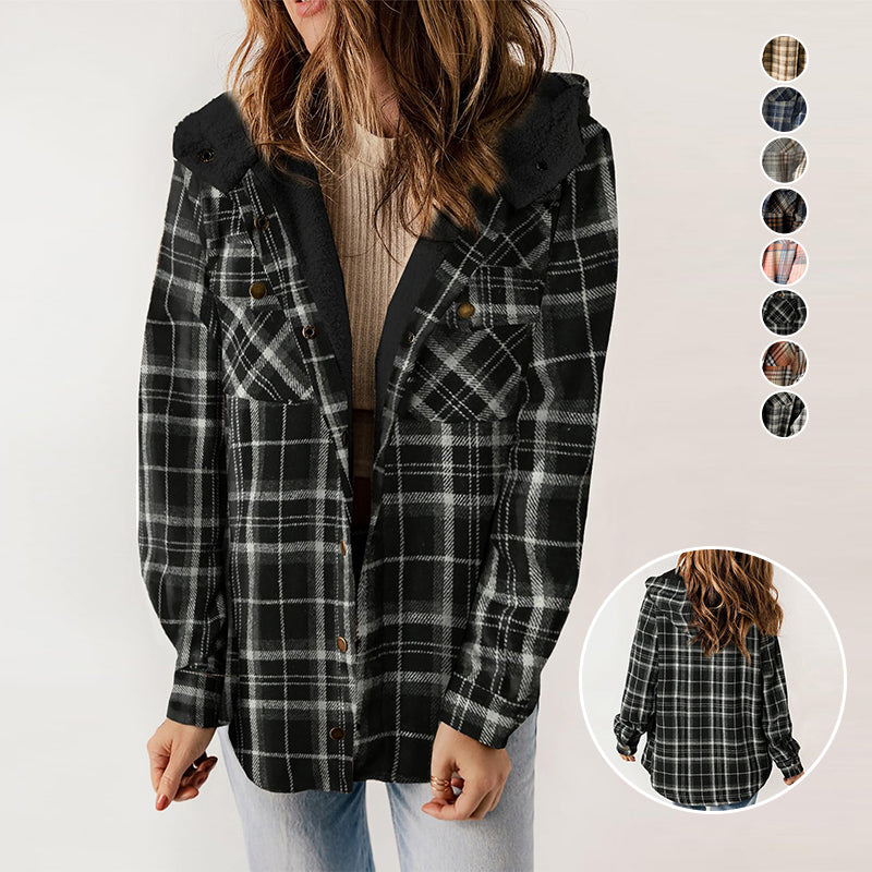 Women's Plaid Long Sleeve Fleece Hooded Jacket With Pockets