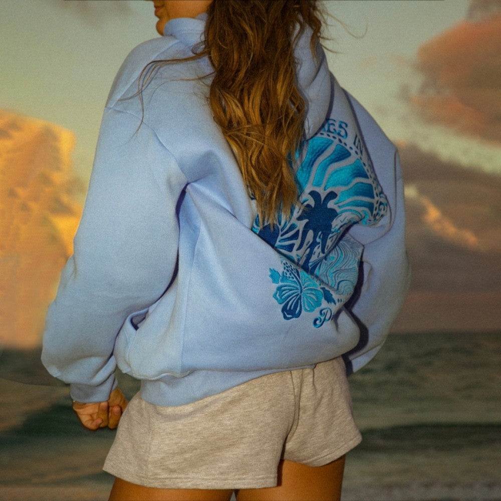 Embroidered Pink Palm Puff Everything Comes In Waves Hoodie